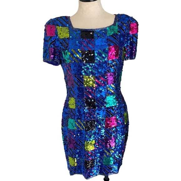 A J Bari Vintage Womens Dress Size 10 Blue Mini Sequin Beaded Checked Pure Silk - Picture 1 of 9